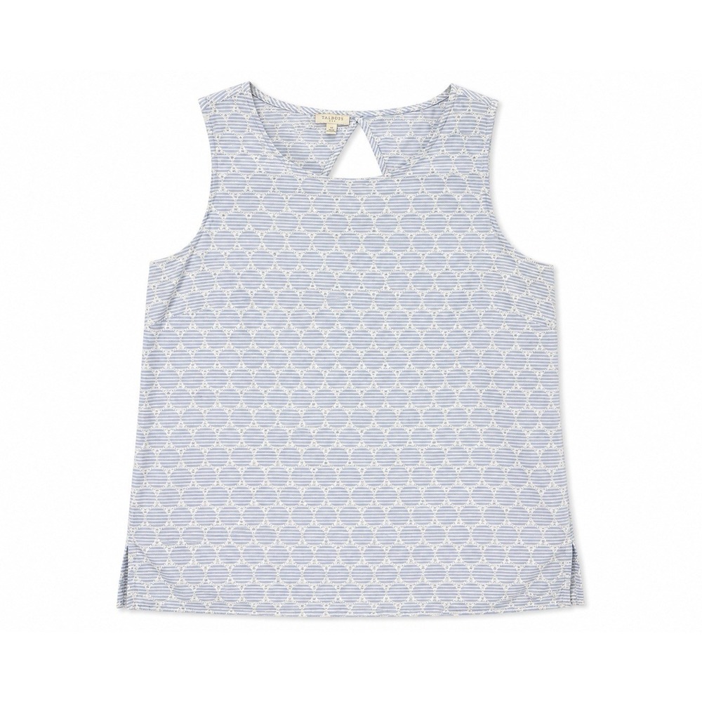 Talbots Medium Blue White Embroidered Stripe Sleeveless Tank Top Keyhole Cotton
